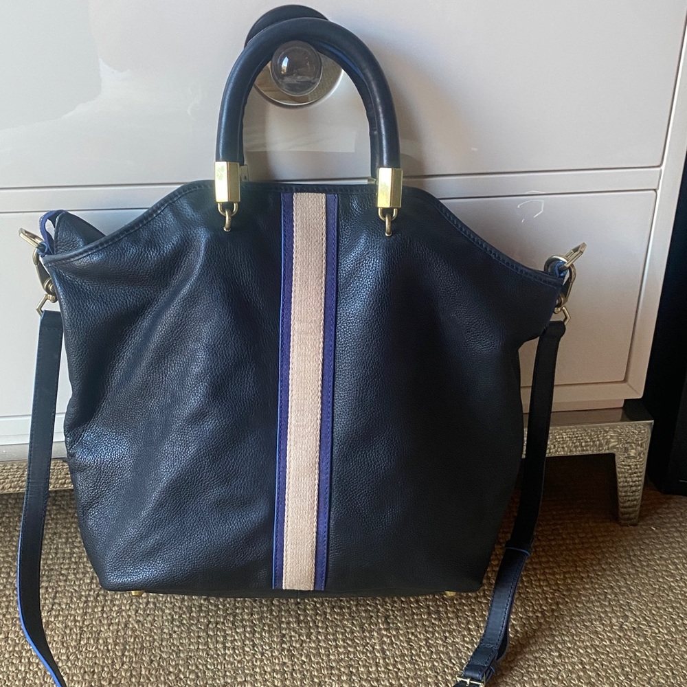 Jonathan Adler Elegant Navy Blue Leather Tote Bag
